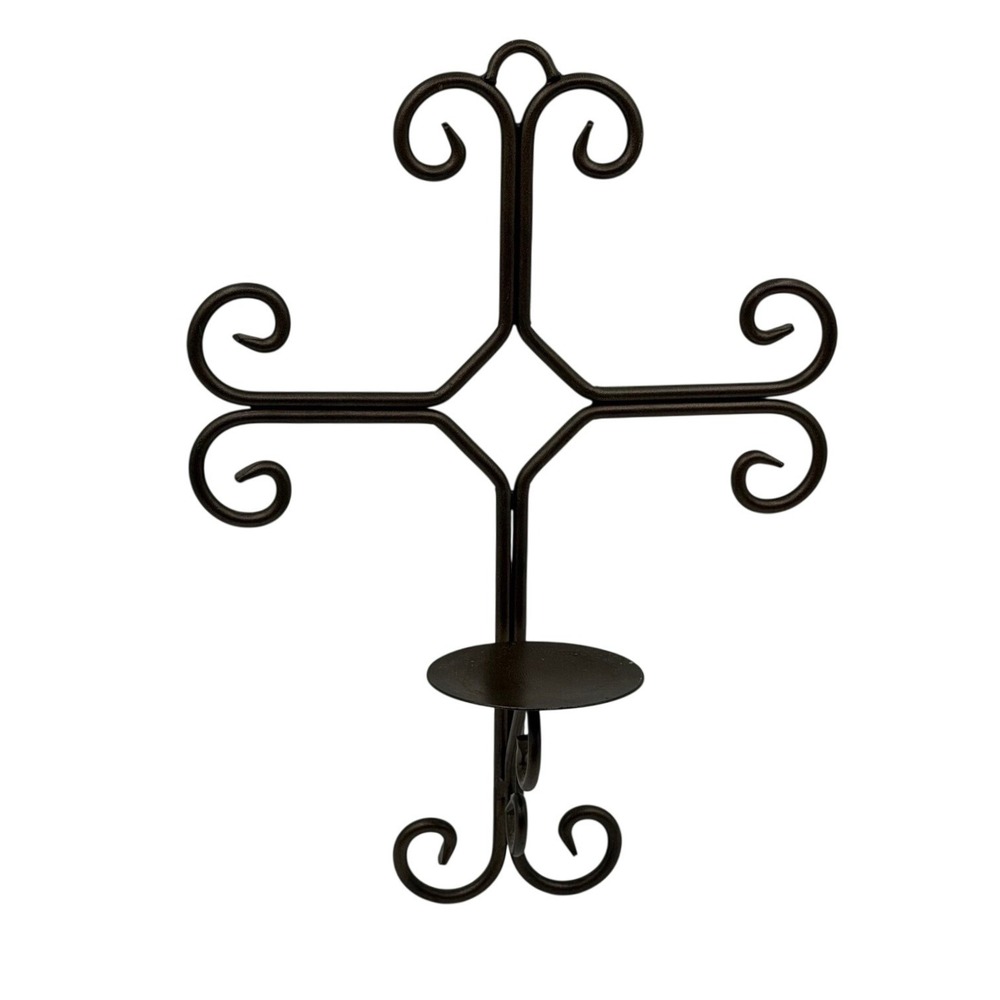 Wrought Iron Scrollwork Cross Wall Sconce Pillar Candle Holder Dark Bronze 17in